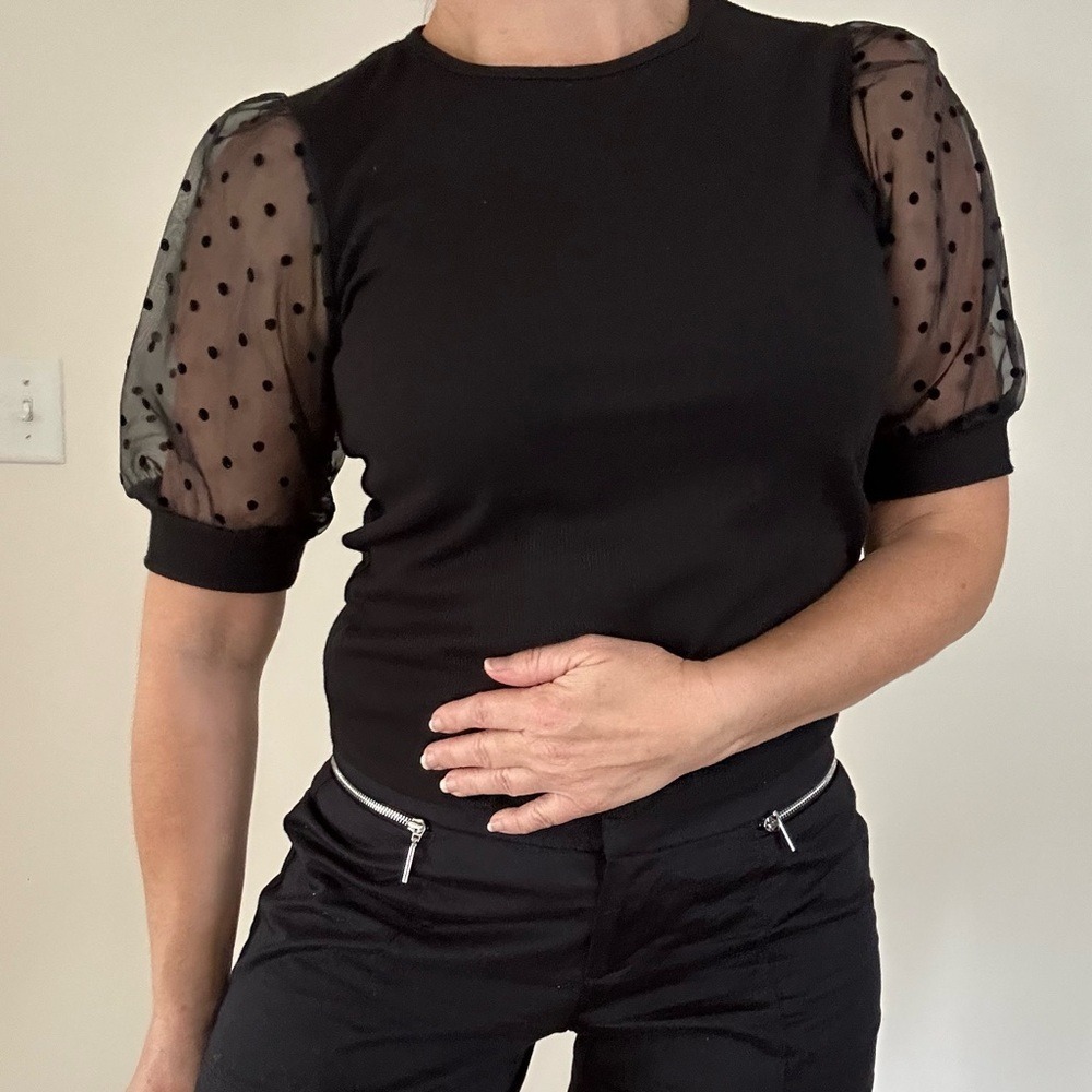 Chic Black Blouse with‎ Sheer Polka Dot Puff Sleeves
